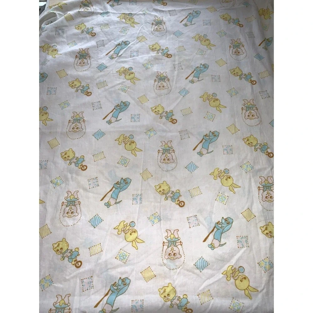 Vtg Mid Century Crib Sheet Blue Dachschund Dog Yellow Bear Bunny Fitted